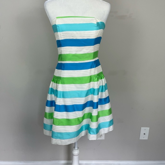 LILLY PULITZER JORDAN STRAPLESS STRIPED MINI DRESS SIZE 4 BLUE AND GREEN - Picture 5 of 16